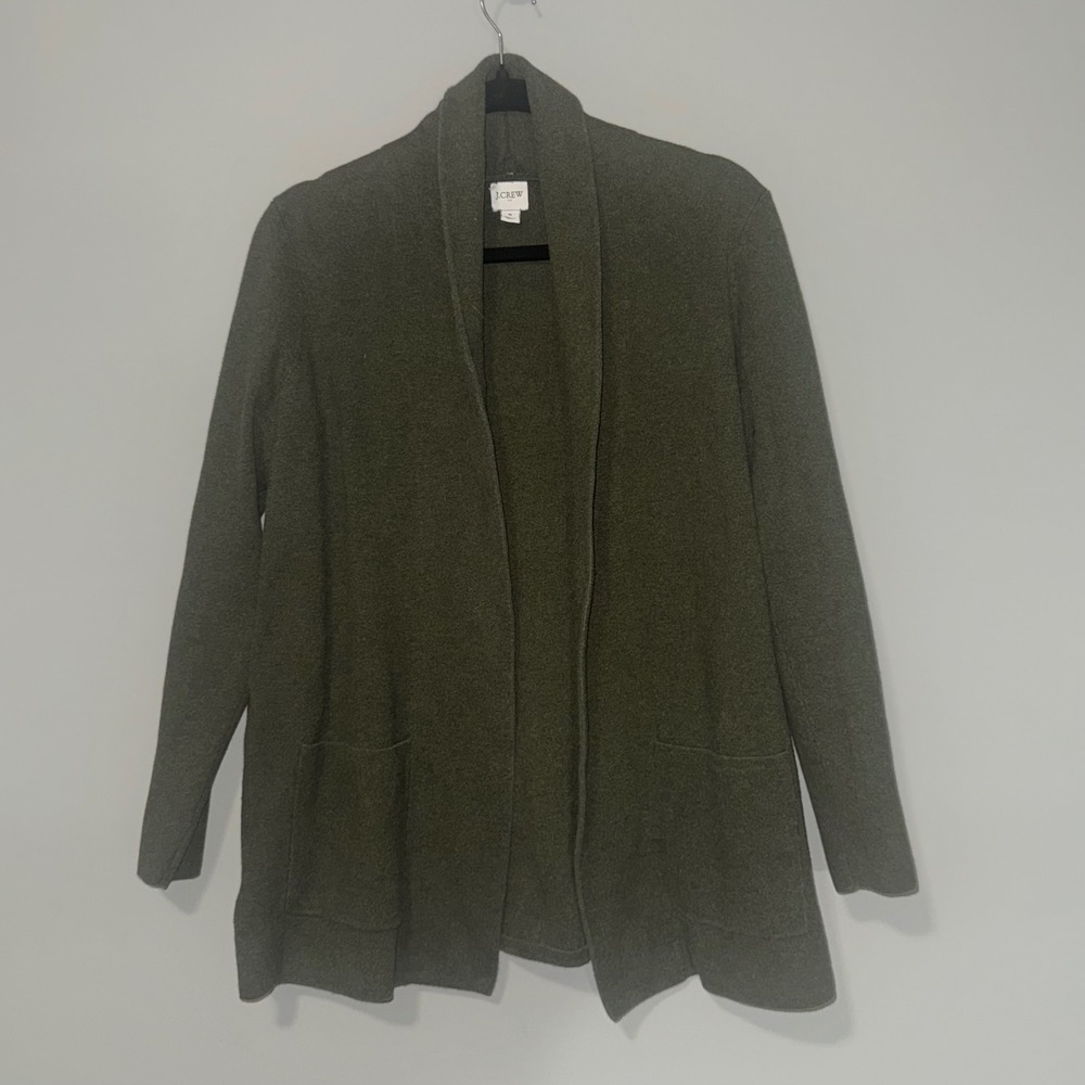 J.Crew Womens Small Olive Green Shawl Collar Open Front Pocket Cardigan Sweater